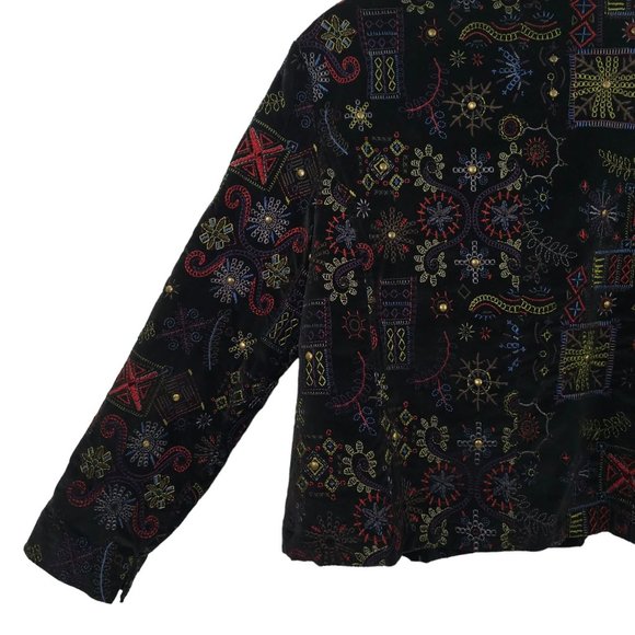 Chicos Black Velvet Embroidered Jacket Blazer 1 US M Boho Artsy Career Studded - Picture 16 of 16